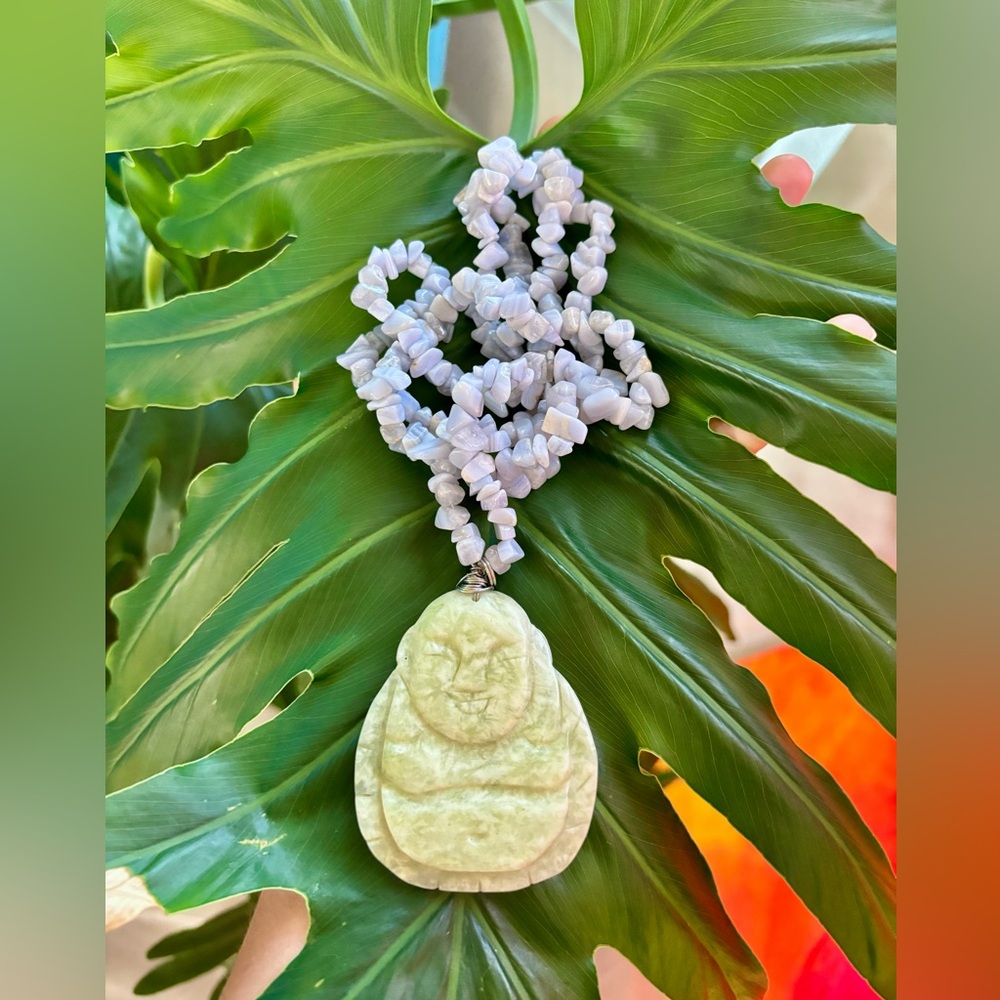 Blue Lace Agate & Serpentine Buddha Necklace